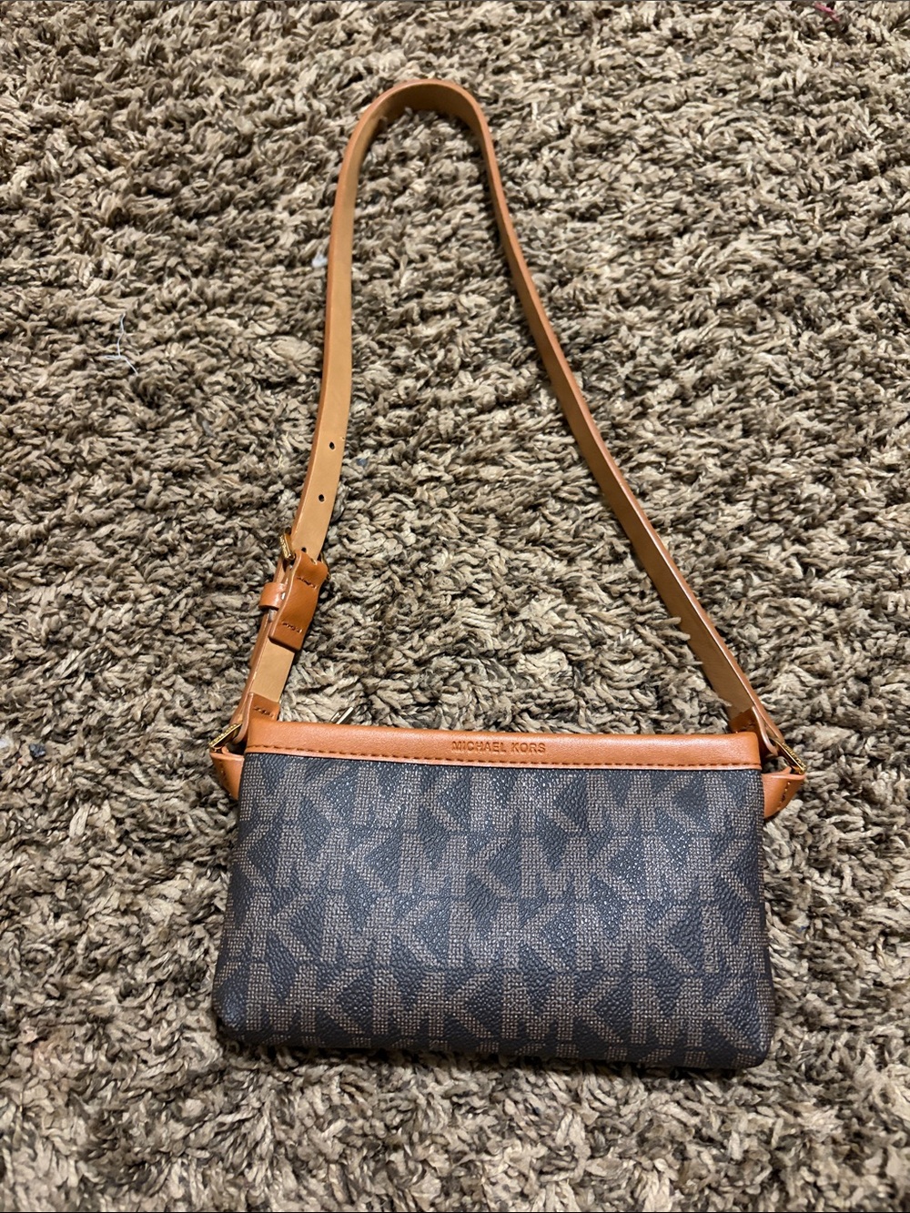 Michael Kors Brown Logo Crossbody with Tan Leather Trim